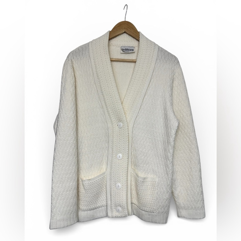 Vintage 90s Cream Cable Knit Grandpa Cardigan | Made in Canada